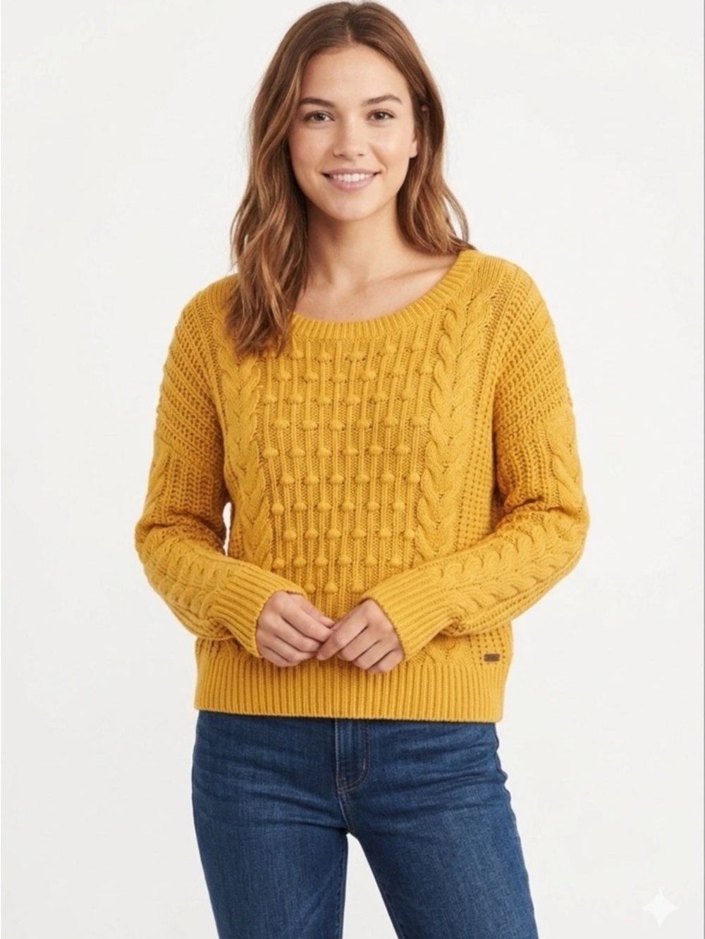 Abercrombie & Fitch Mustard Cable Knit Sweater XL Chunky Crewneck